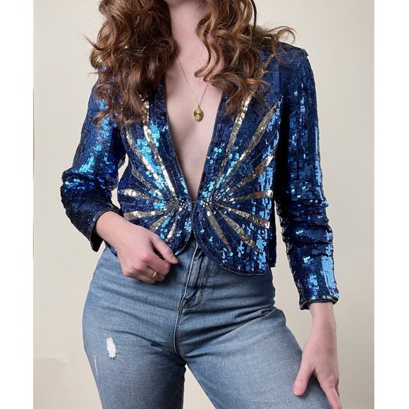 Vintage Sweaters - Vintage 100% Silk Sequin Beaded Starburst Long Sleeve Blazer Jacket Cardigan Top